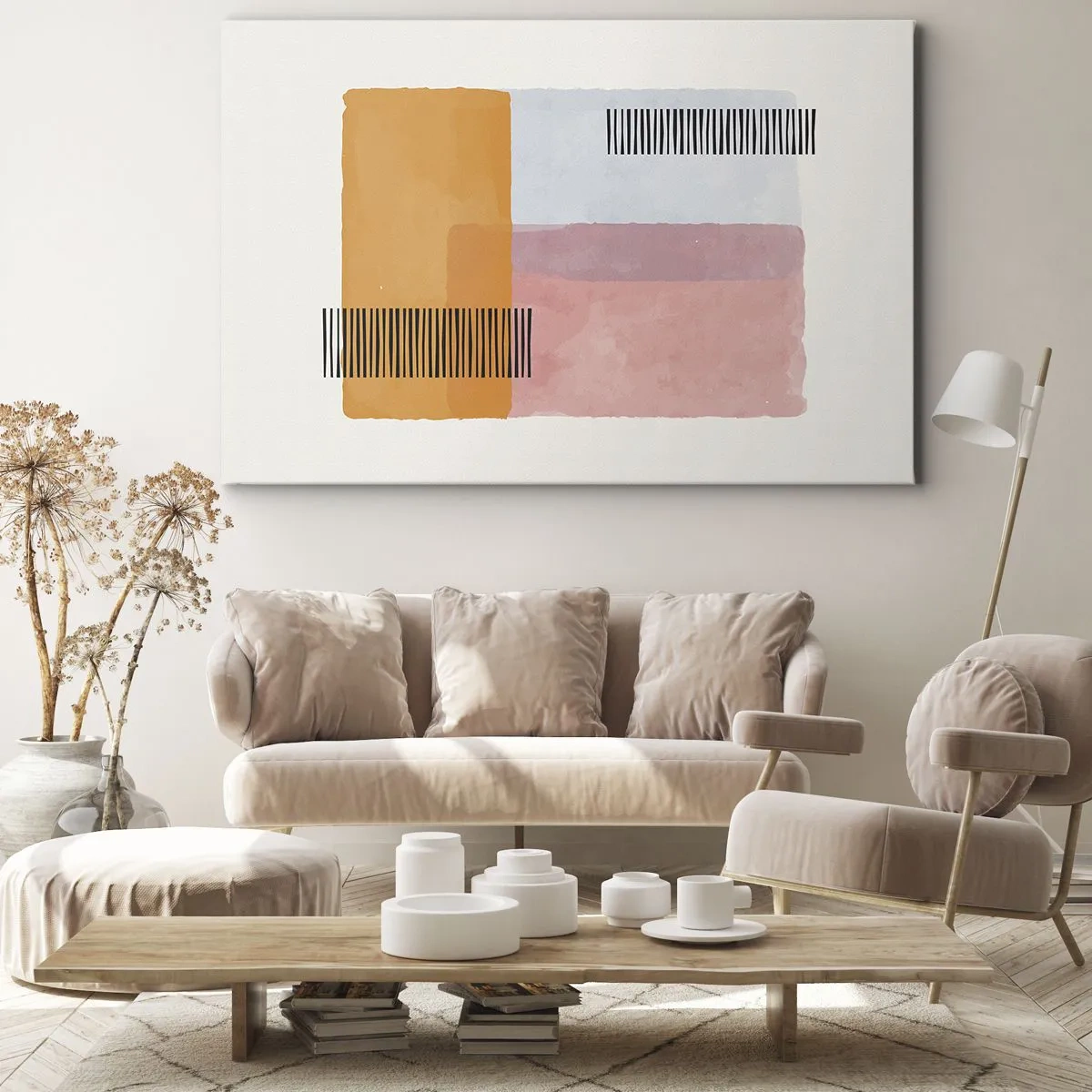 Lærredstryk - Billede på lærred - Geometri i pastelfarver med linjer på en lys baggrund - 70x50cm - Fra hjørne til hjørne - Moderne vægdekoration til stue og soveværelse ARTTOR