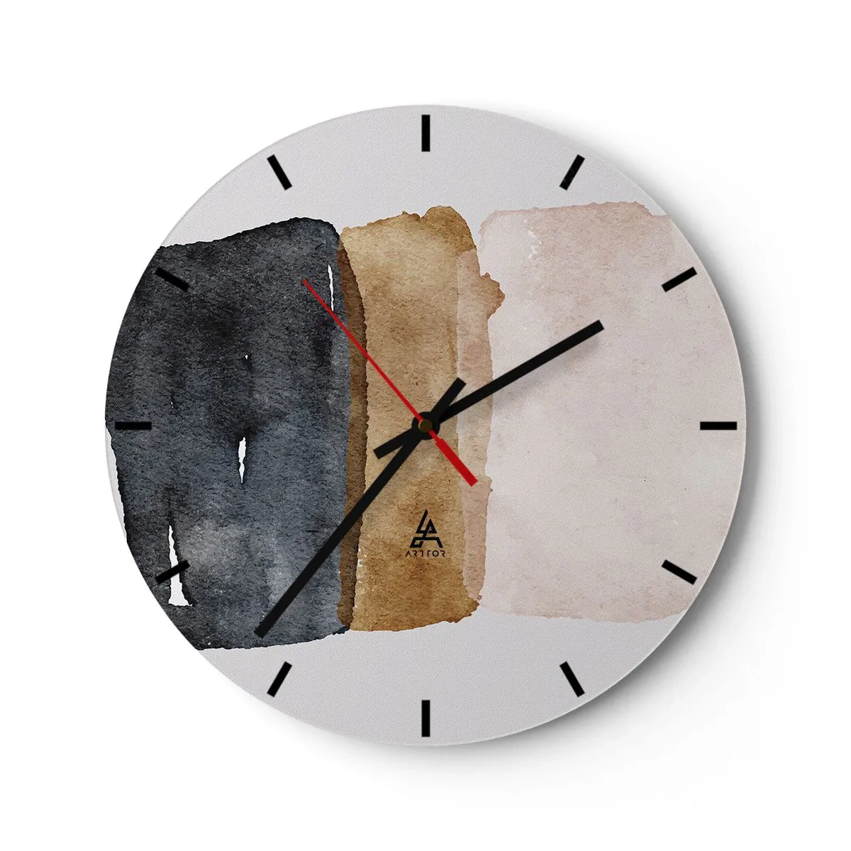 Vægur, Uret - Tre akvarelstriber i nuancer af sort, brun og beige - 30x30cm - Sammensætning af jordfarver - Moderne vægdekoration til stue, køkken og soveværelse ARTTOR