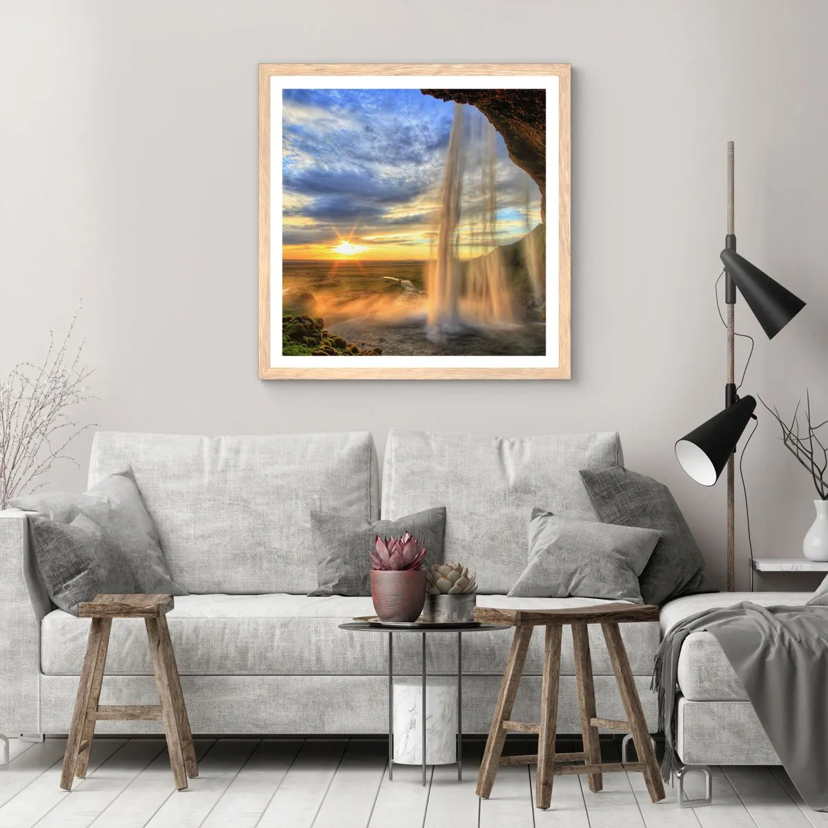 Plakat i ramme af lyst egetræ - Verden bag sløret af dråber - 30x30 cm