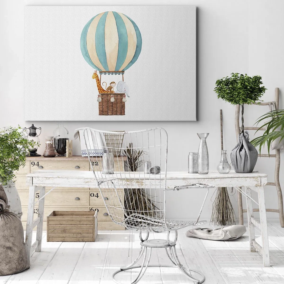 Lærredstryk - Billede på lærred - En ballon med søde dyr i pastelfarver - 70x50cm - Fantastisk tur - Moderne vægdekoration til stue og soveværelse ARTTOR