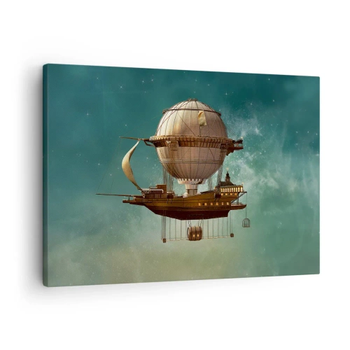 Lærredstryk - Billede på lærred - Et fantastisk luftskib mod den grønlige himmel - 70x50cm - Jules Verne hilser - Moderne vægdekoration til stue og soveværelse ARTTOR