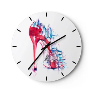 Vægur, Uret - En rød stiletto mod byens skyline som baggrund - 30x30cm - Elegant kvinde fra storbyen - Moderne vægdekoration til stue, køkken og soveværelse ARTTOR