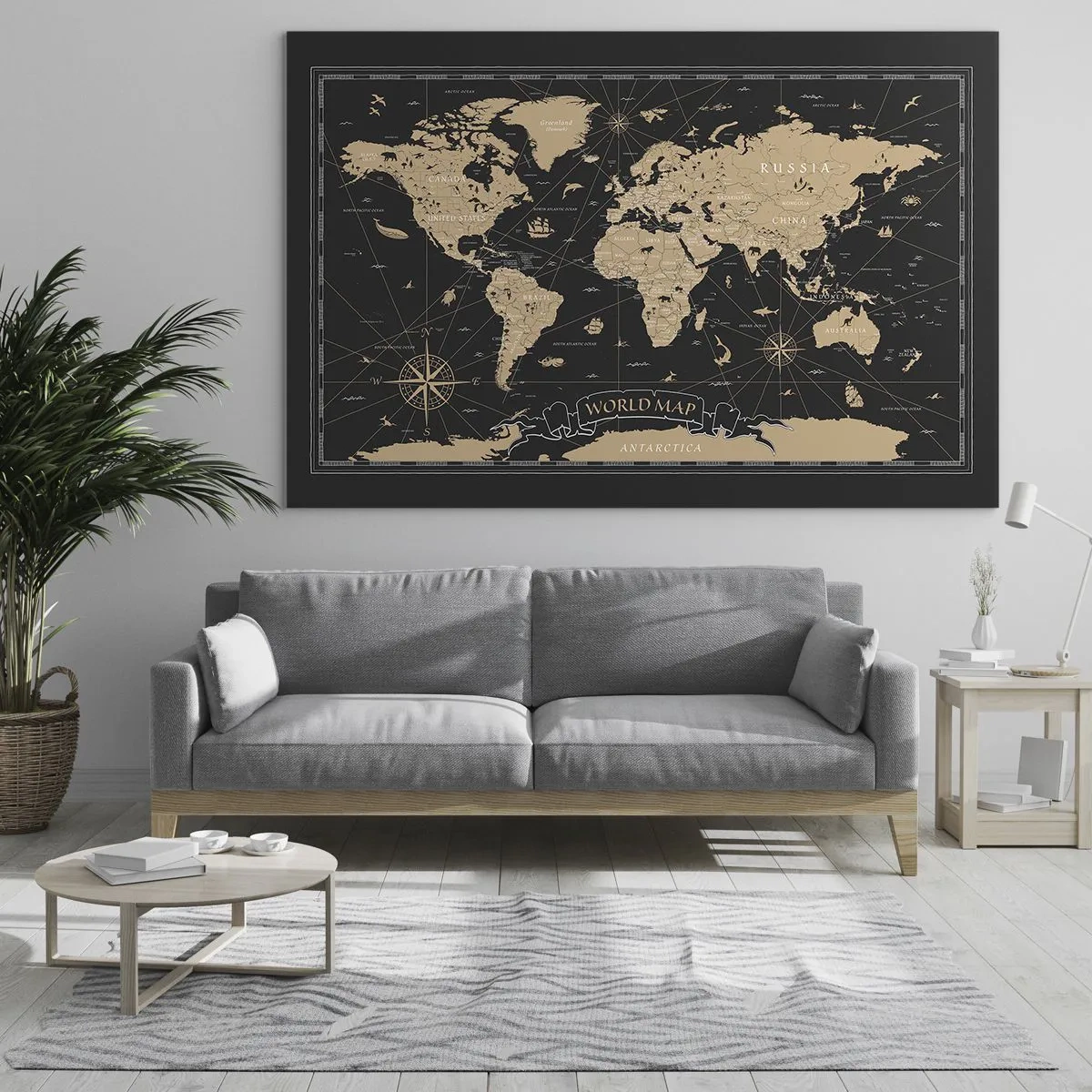 Billede på glas - Stiliseret verdenskort i beige og sorte nuancer - 70x50cm - Grænserne for min verden - Moderne vægdekoration til stue og soveværelse ARTTOR