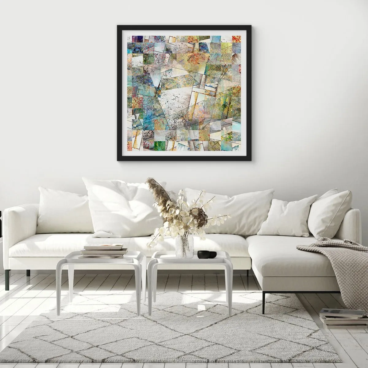 Plakat i sort ramme - Geometrisk ommøblering - 50x50 cm