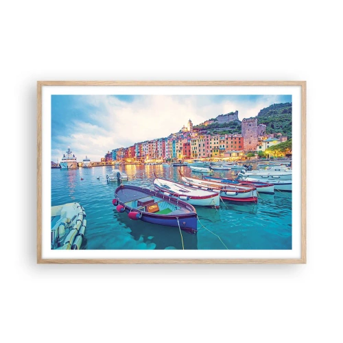 Plakat i ramme af lyst egetræ - En farverig aften i havnen - 91x61 cm