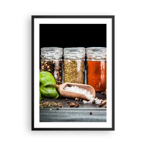 Plakat i sort ramme - Krukker med krydderier på en mørk baggrund - 50x70cm - For at livet kan smages - Moderne vægdekoration til stue og soveværelse ARTTOR