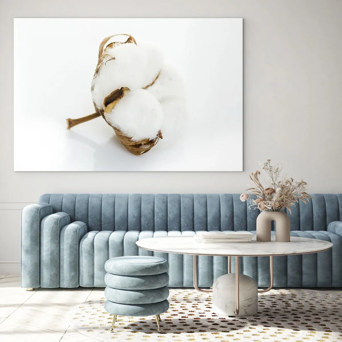 Billede på glas - En enkelt fluffy bomuldsblomst på en hvid baggrund - 70x50cm - Blød af natur - Moderne vægdekoration til stue og soveværelse ARTTOR