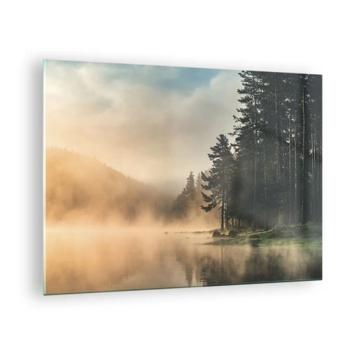 Billede på glas - En tåget morgen over en skovsø - 70x50cm - En dags fødsel - Moderne vægdekoration til stue og soveværelse ARTTOR