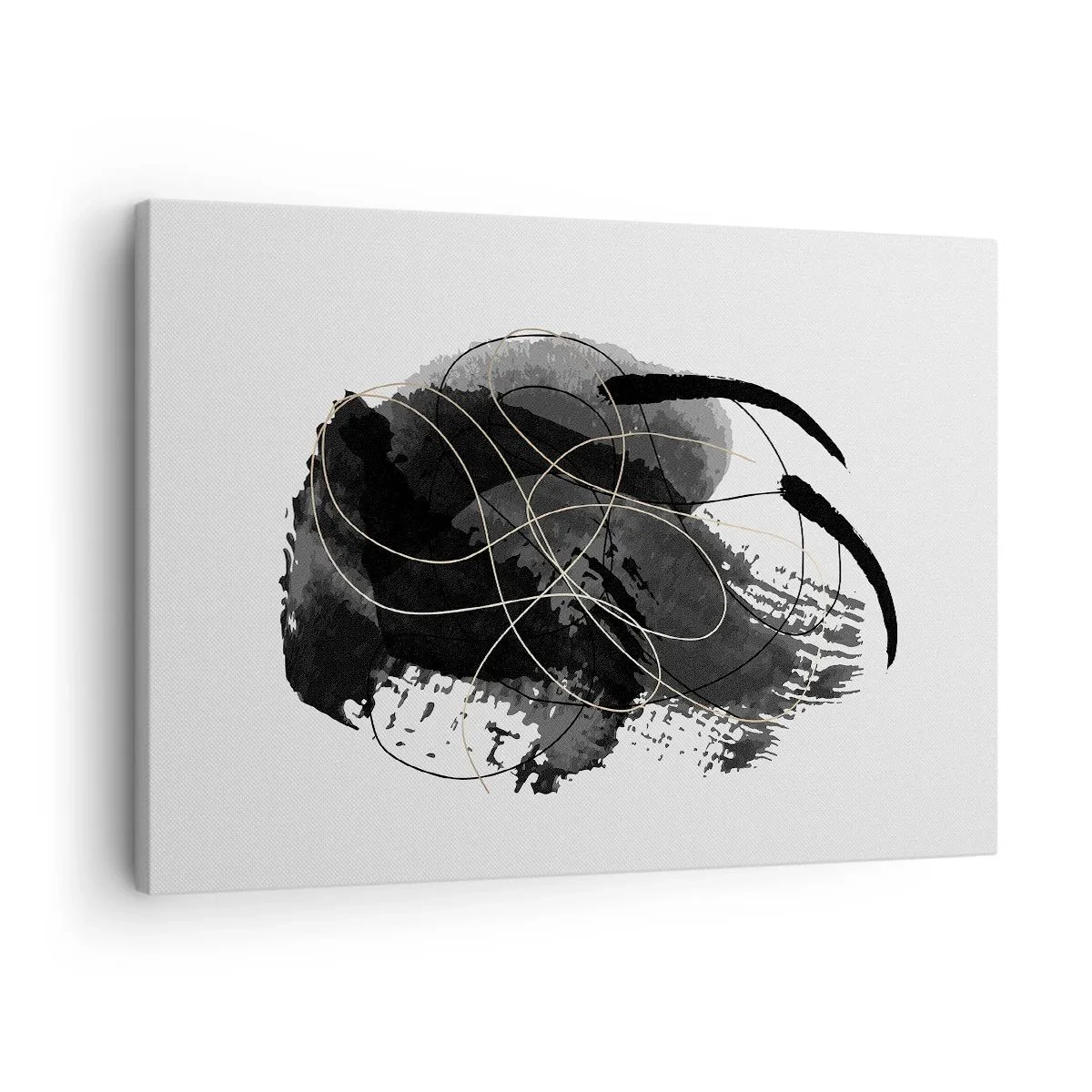 Lærredstryk - Billede på lærred - Abstraktion i sort og guld på en hvid baggrund - 70x50cm - Kom frem fra det sorte - Moderne vægdekoration til stue og soveværelse ARTTOR