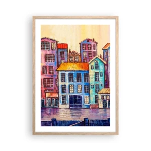 Plakat i ramme af lyst egetræ - En by som et eventyr - 50x70 cm