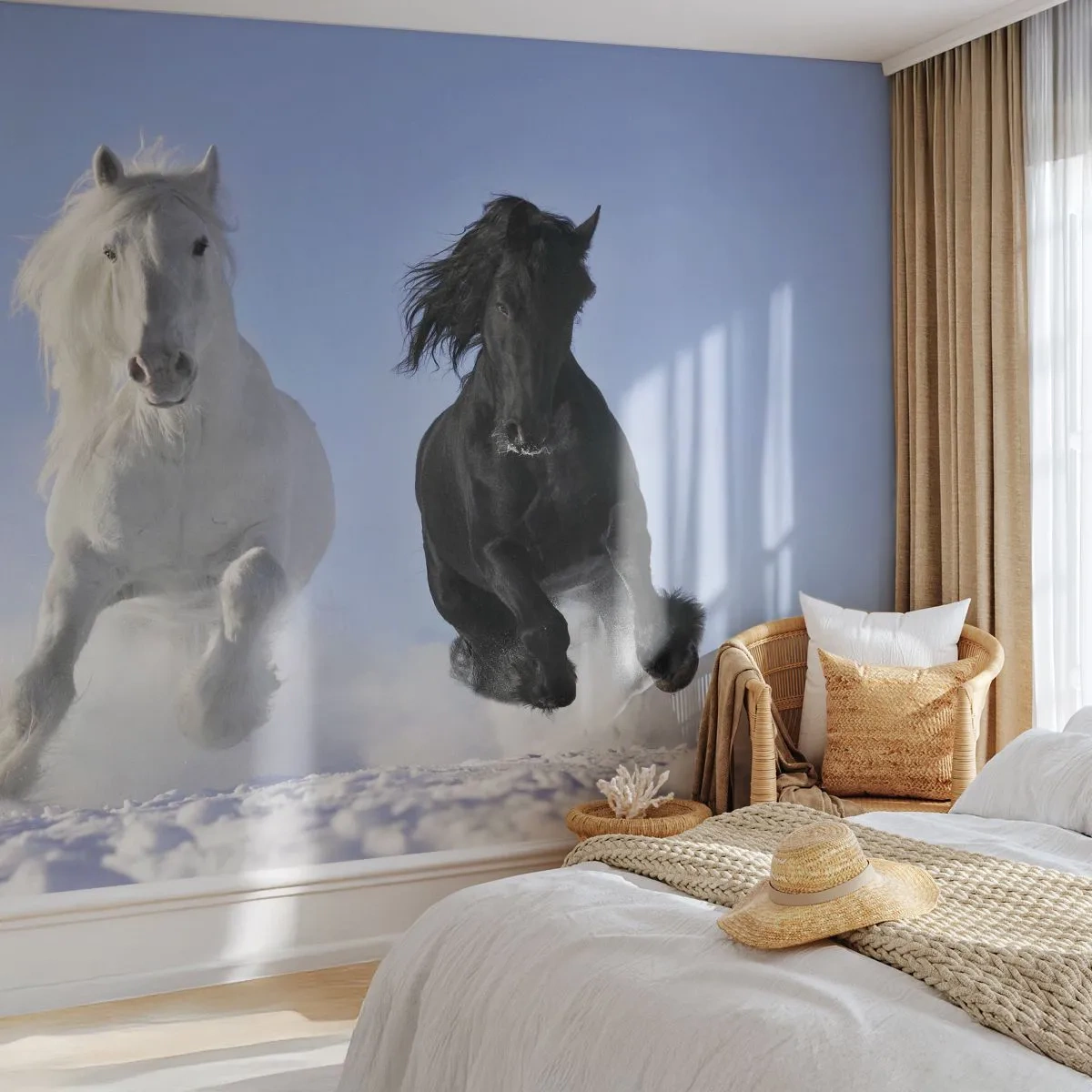 Fototapet Premium Sand - Sort og hvid galop - Dyr, Hest, Vinter - 100x70 cm