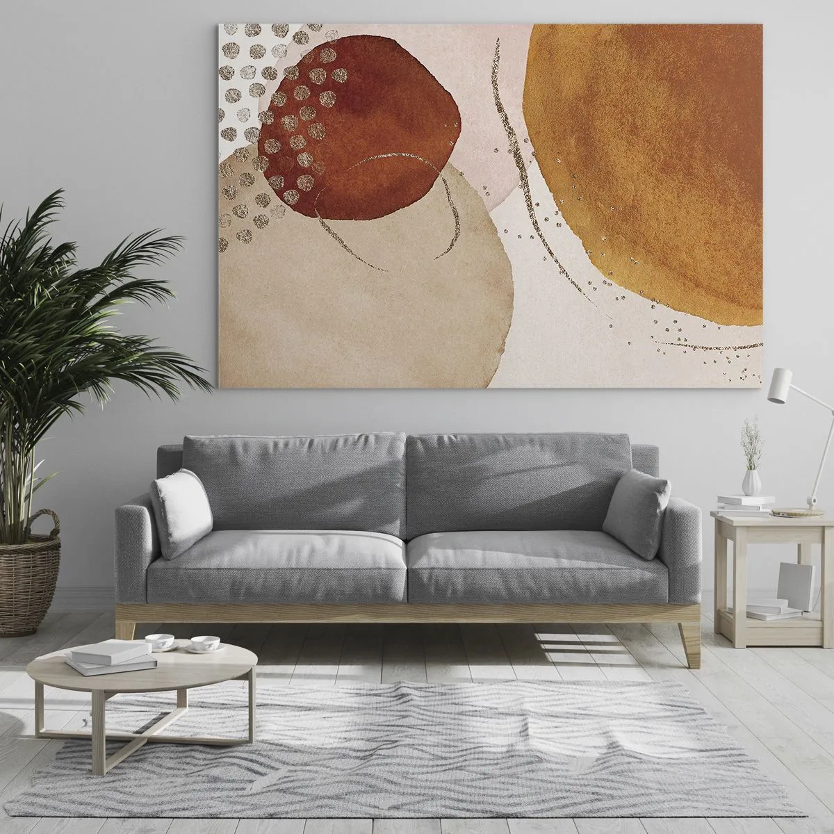 Billede på glas - Abstrakte cirkler i nuancer af beige, kobber og guld - 70x50cm - Rundhed og bevægelse - Moderne vægdekoration til stue og soveværelse ARTTOR
