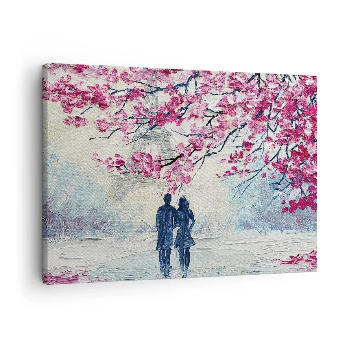 Lærredstryk - Billede på lærred - Et par under blomstrende lyserøde træer i romantiske omgivelser - 70x50cm - Romantisk gåtur - Moderne vægdekoration til stue og soveværelse ARTTOR