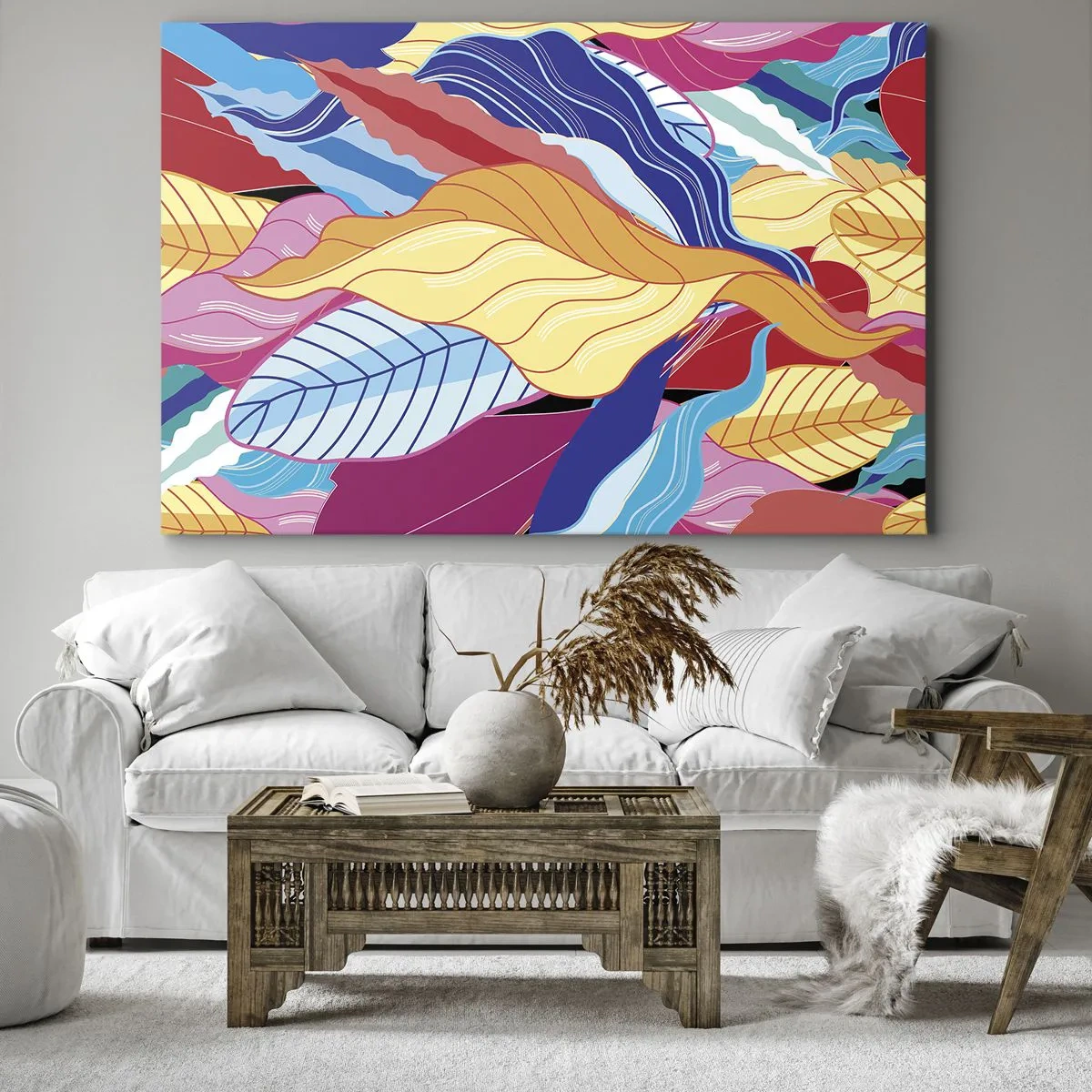 Lærredstryk - Billede på lærred - Farvestrålende blade skaber en dynamisk komposition - 70x50cm - Et farverigt rod - Moderne vægdekoration til stue og soveværelse ARTTOR