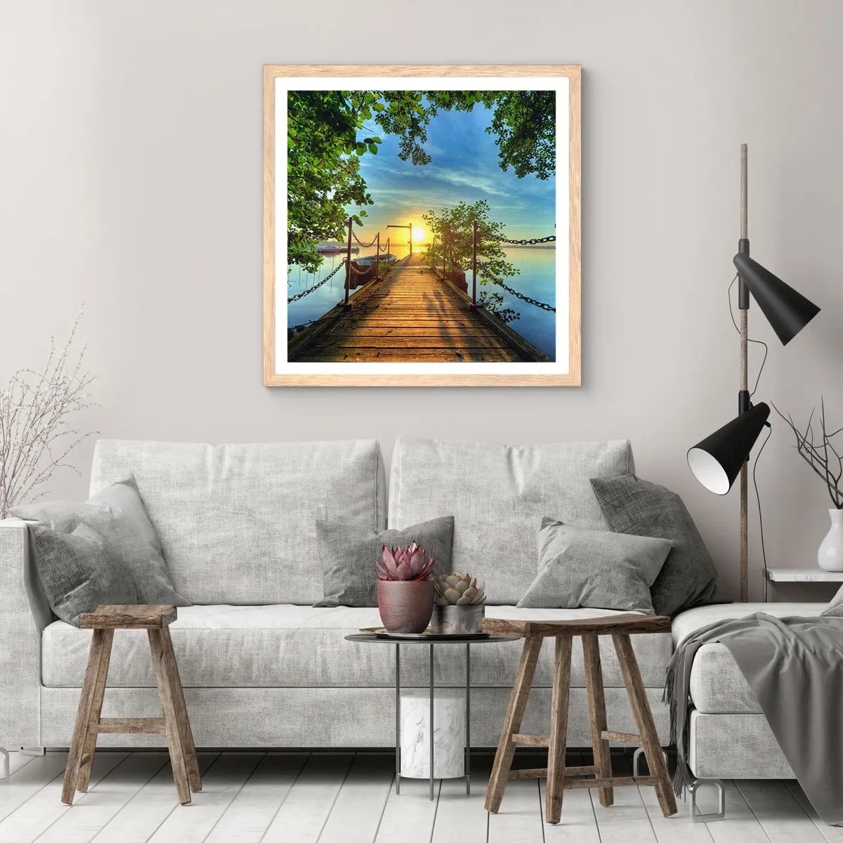 Plakat i ramme af lyst egetræ - Mod vest ved vandet - 30x30 cm