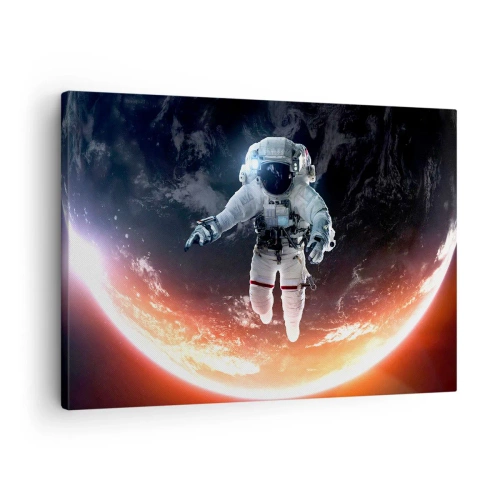 Lærredstryk - Billede på lærred - En astronaut, der svæver over en solbeskinnet jord - 70x50cm - Må jeg blive lidt længere? - Moderne vægdekoration til stue og soveværelse ARTTOR