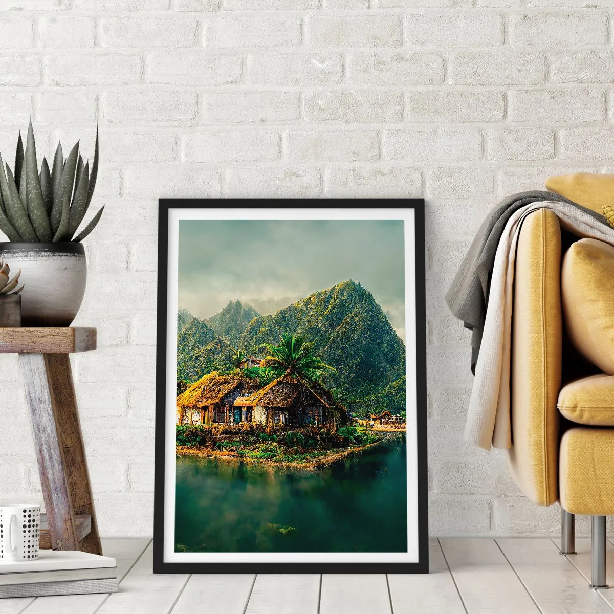 Plakat i sort ramme - Tropisk sommerhus med bjerge og en sø i baggrunden - 50x70cm - Tropisk paradis - Moderne vægdekoration til stue og soveværelse ARTTOR