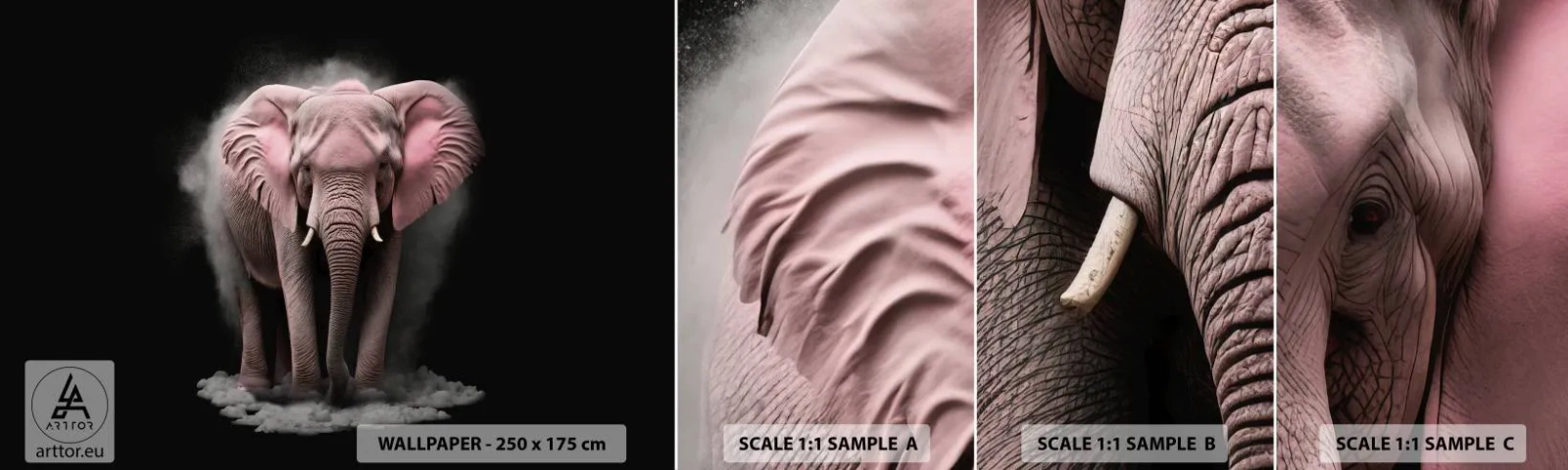 Fototapet Prøve Standard Eco - Tænk ikke på en lyserød elefant! - Sol, Safari, Afrika - 100x30 cm