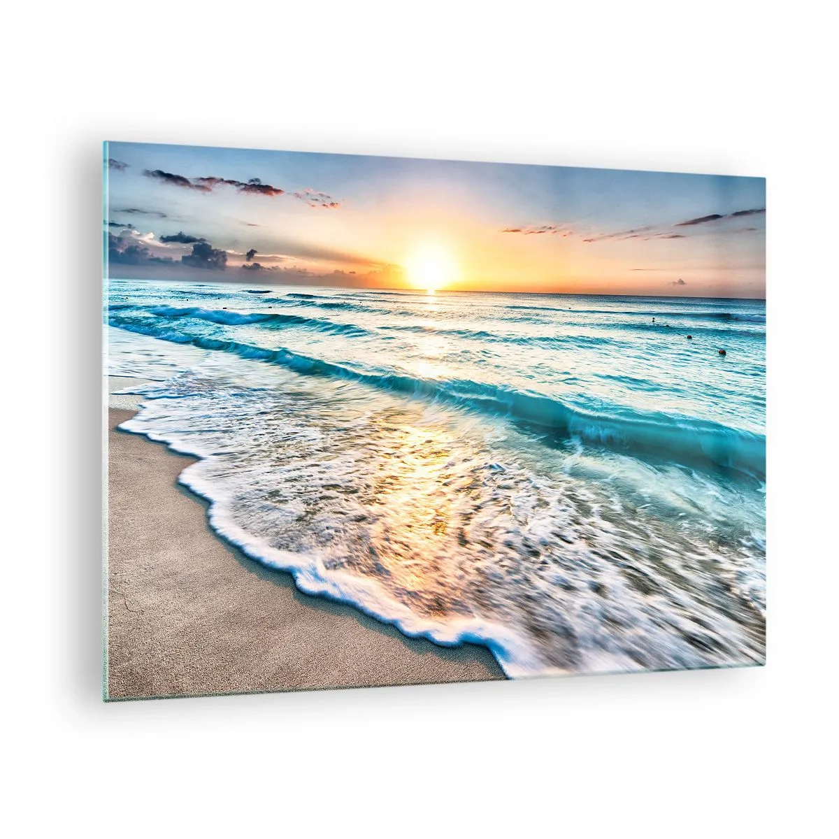 Billede på glas - Strand om morgenen med bølger og solopgang - 70x50cm - Et synspunkt, der er værd at have - Moderne vægdekoration til stue og soveværelse ARTTOR