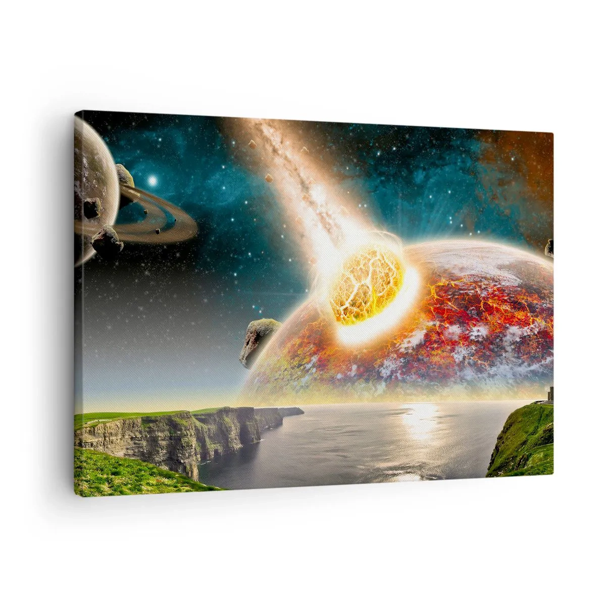 Lærredstryk - Billede på lærred - En meteorit støder sammen med en planet i et kosmisk landskab. - 70x50cm - Kosmisk drama - Moderne vægdekoration til stue og soveværelse ARTTOR