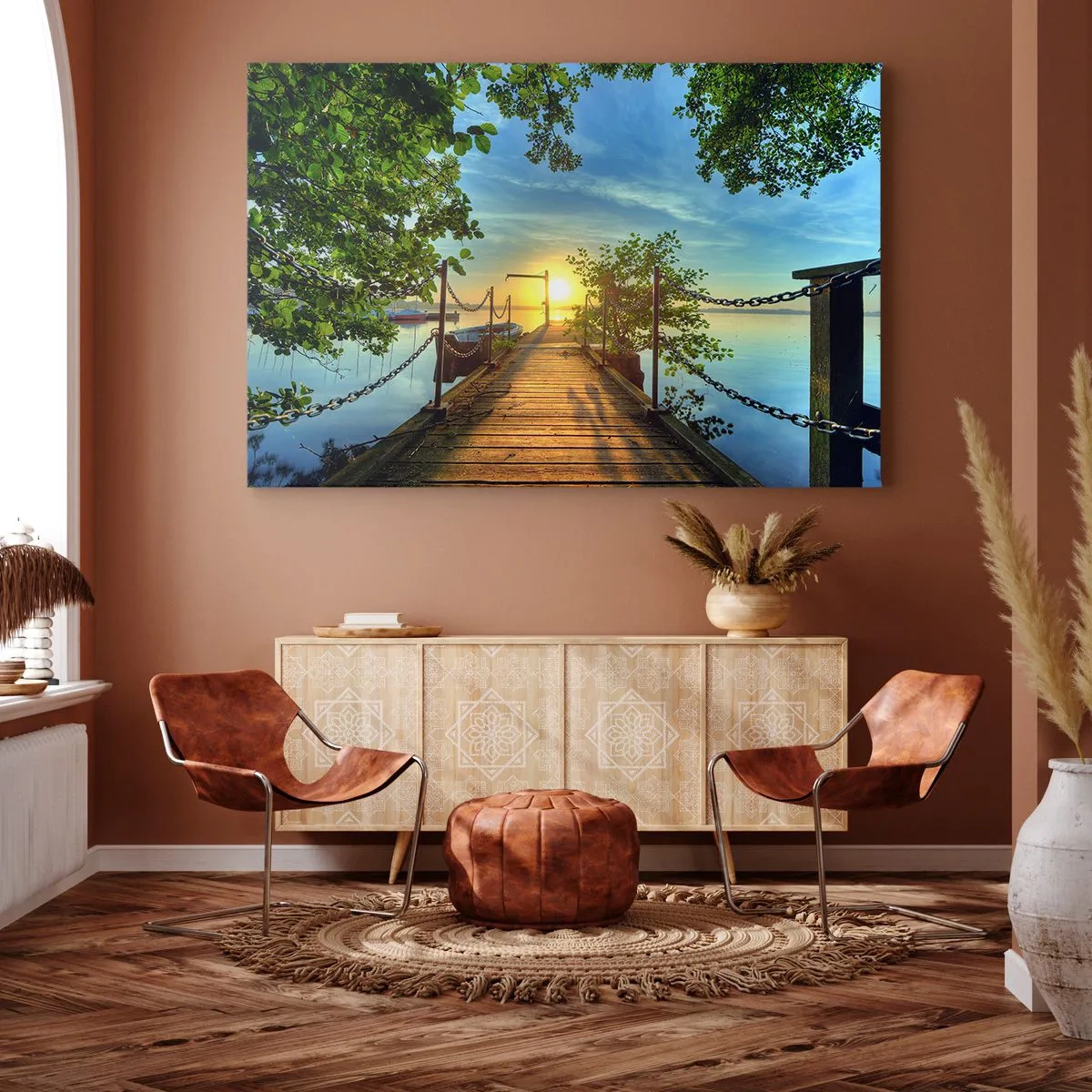Lærredstryk - Billede på lærred - En mole over søen i solnedgangens stråler - 70x50cm - Mod vest ved vandet - Moderne vægdekoration til stue og soveværelse ARTTOR