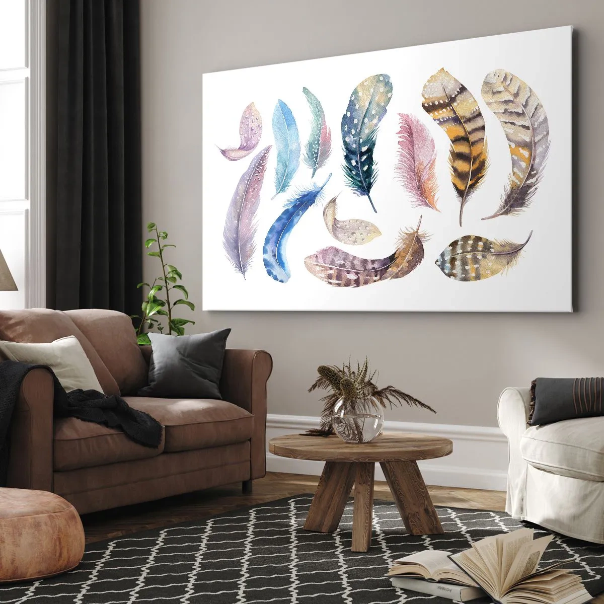 Lærredstryk - Billede på lærred - Farverige fjer i en delikat akvarelstil - 70x50cm - Letvægts, farverig og flerfarvet - Moderne vægdekoration til stue og soveværelse ARTTOR