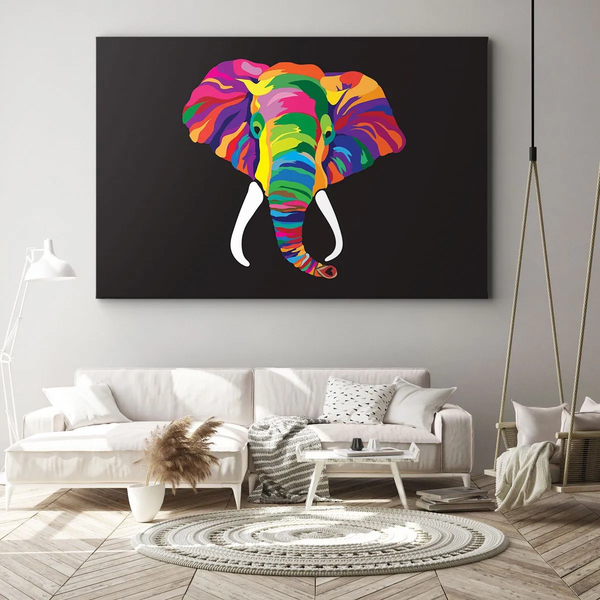Lærredstryk - Billede på lærred - Et farverigt billede af en elefant på en sort baggrund - 70x50cm - Elefanten, der elskede at bade i regnbuen - Moderne vægdekoration til stue og soveværelse ARTTOR