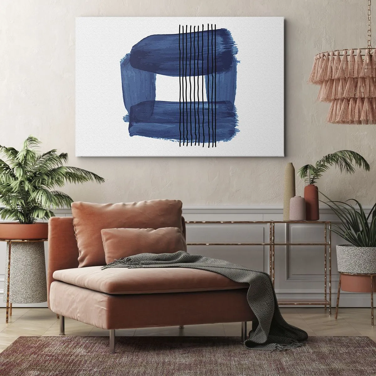 Lærredstryk - Billede på lærred - Abstrakt mønster i blå nuancer med sorte linjer - 70x50cm - Blå-sort sammensætning - Moderne vægdekoration til stue og soveværelse ARTTOR