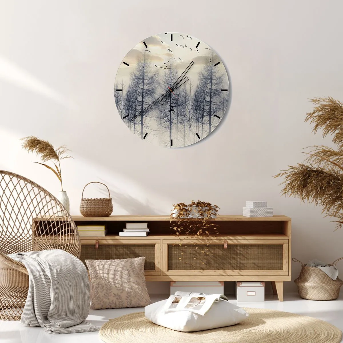 Vægur, Uret - Et tåget landskab med træer og flyvende fugle - 30x30cm - Skovånder - Moderne vægdekoration til stue, køkken og soveværelse ARTTOR