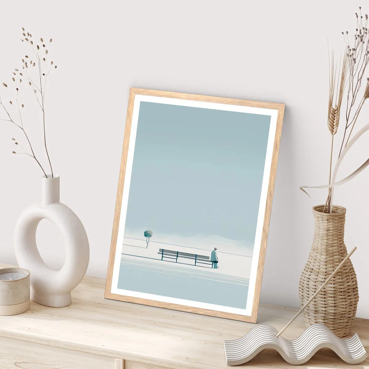 Plakat i ramme af lyst egetræ - Ja, jeg venter. - 70x100 cm