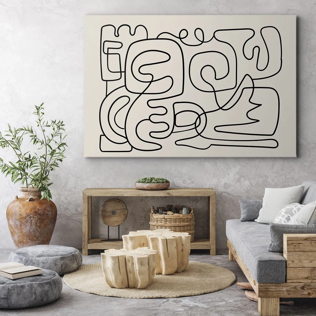 Lærredstryk - Billede på lærred - Abstrakt stregtegningsmønster i sort på en lys baggrund - 70x50cm - På sporet - Moderne vægdekoration til stue og soveværelse ARTTOR