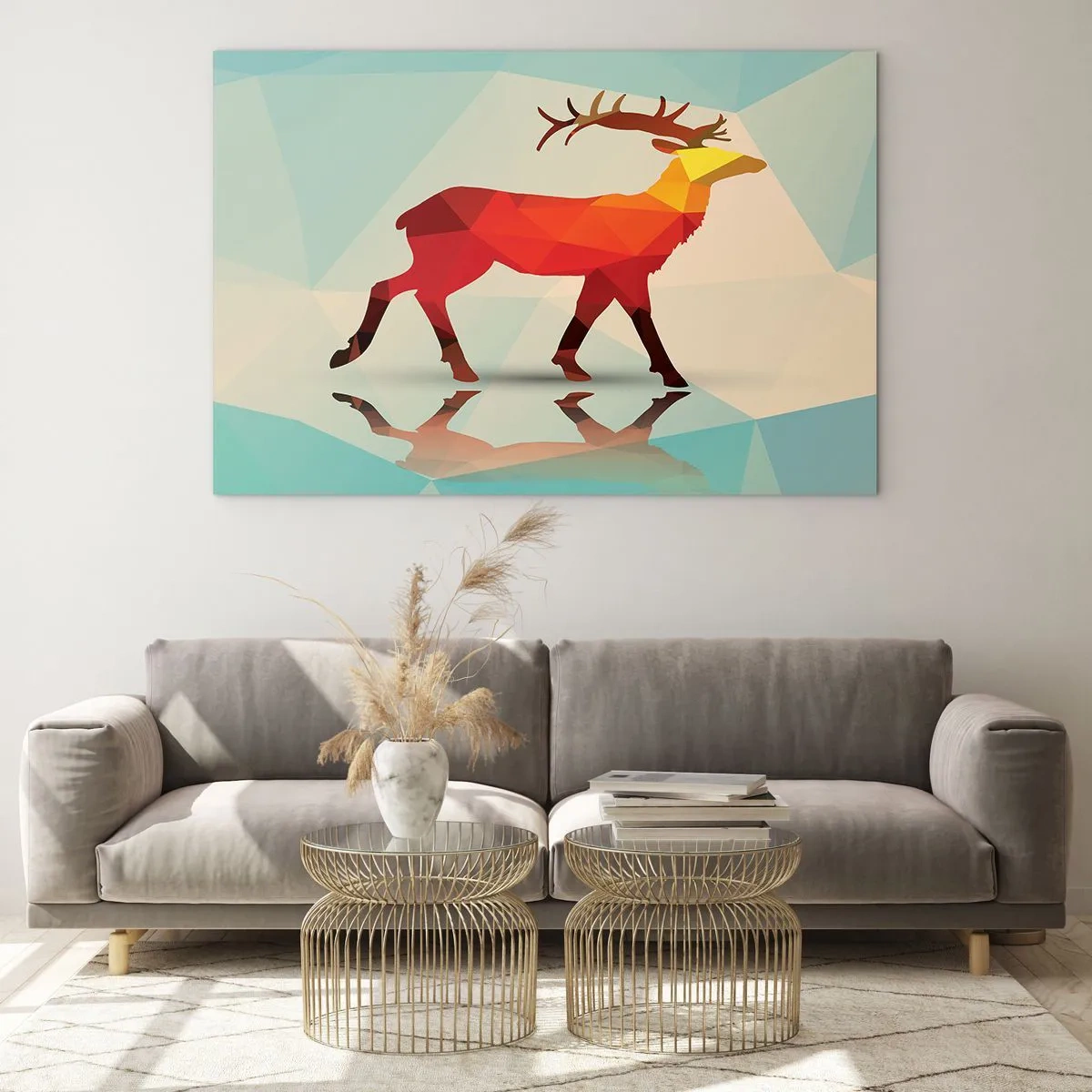 Billede på glas - Geometrisk hjort i farverig abstraktion - 70x50cm - Geometrisk hjort - Moderne vægdekoration til stue og soveværelse ARTTOR