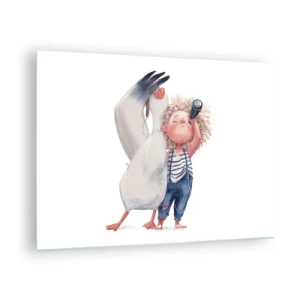 Billede på glas - Baby med kikkert og stork i en sjov illustrationsstil - 70x50cm - En plan for en fantastisk rejse - Moderne vægdekoration til stue og soveværelse ARTTOR