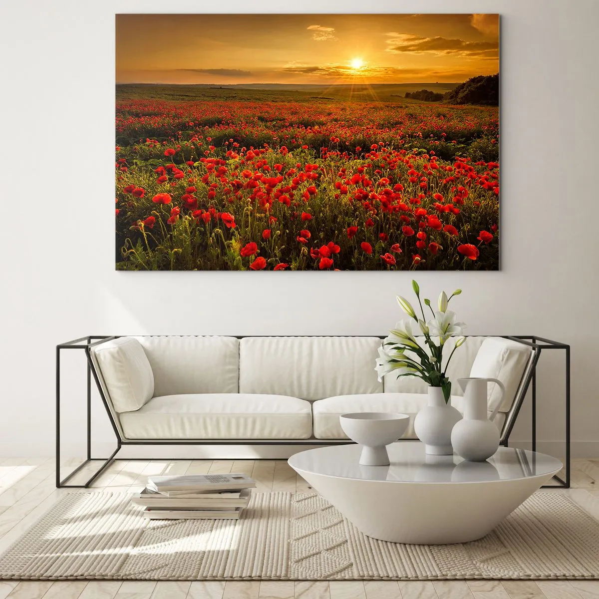 Billede på glas - En mark med valmuer oplyst af den nedgående sols stråler - 70x50cm - Blandt bølgerne af raslende enge, blandt flodblomster - Moderne vægdekoration til stue og soveværelse ARTTOR