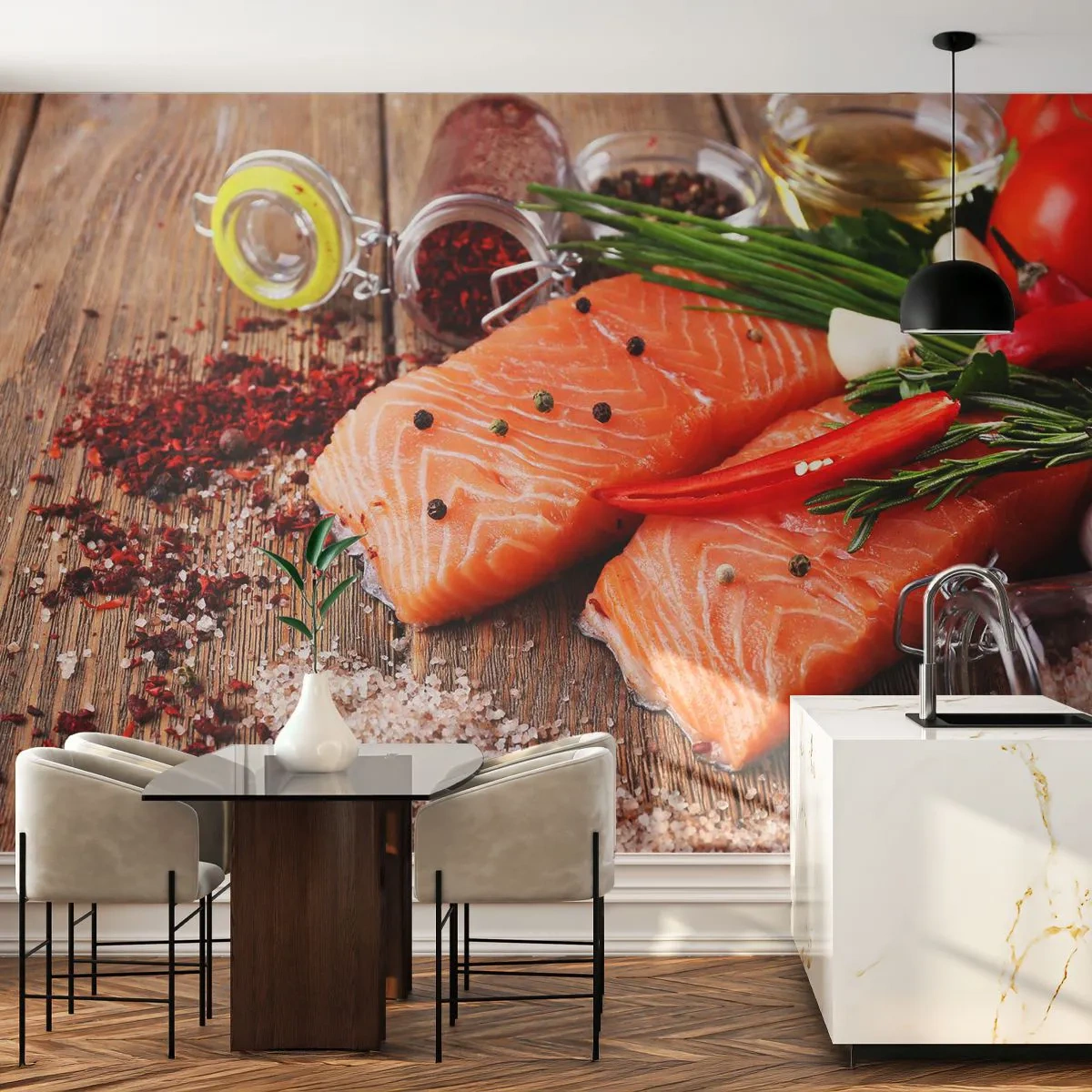 Fototapet Standard Eco - Norske køkken eventyr - Gastronomi, Laks, Krydderier - 400x280 cm