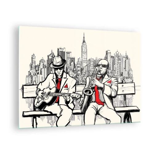 Billede på glas - To jazzmusikere spiller mod byens skyline som baggrund - 70x50cm - New York improvisation - Moderne vægdekoration til stue og soveværelse ARTTOR