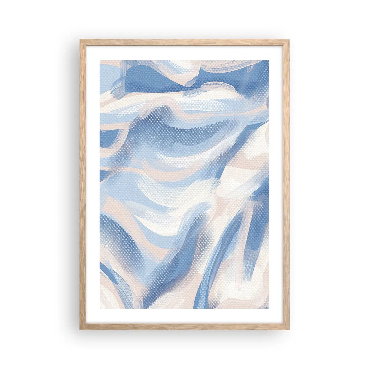 Plakat i ramme af lyst egetræ - Blå krusninger - 50x70 cm