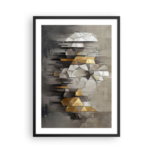 Plakat i sort ramme - Geometrisk abstraktion i nuancer af grå og guld - 50x70cm - Komposition lavet af is og lys - Moderne vægdekoration til stue og soveværelse ARTTOR