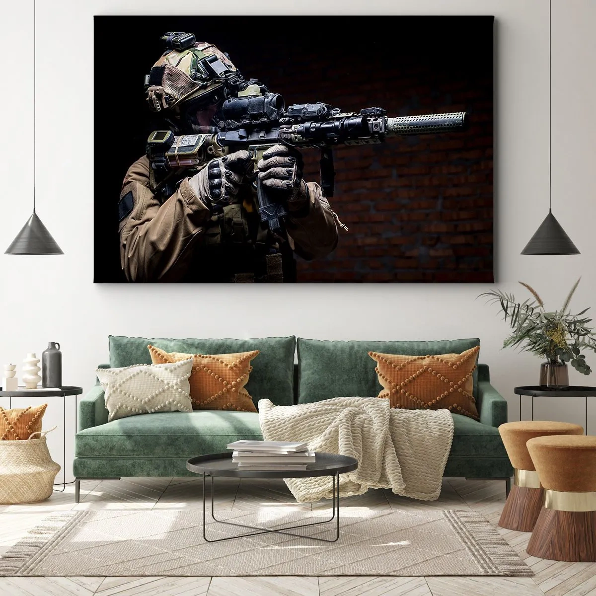Lærredstryk - Billede på lærred - En soldat i fuldt udstyr med en riffel - 70x50cm - Dødeligt effektiv - Moderne vægdekoration til stue og soveværelse ARTTOR
