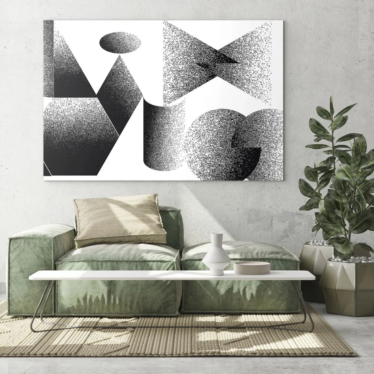 Billede på glas - Sort-hvid abstraktion med geometriske former - 70x50cm - Vinkler og ovaler - Moderne vægdekoration til stue og soveværelse ARTTOR