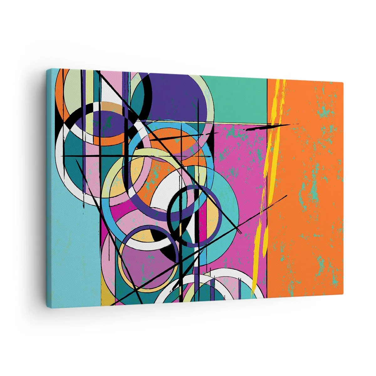 Lærredstryk - Billede på lærred - Farverig abstraktion med geometriske cirkler - 70x50cm - Hjul for hjul - Moderne vægdekoration til stue og soveværelse ARTTOR