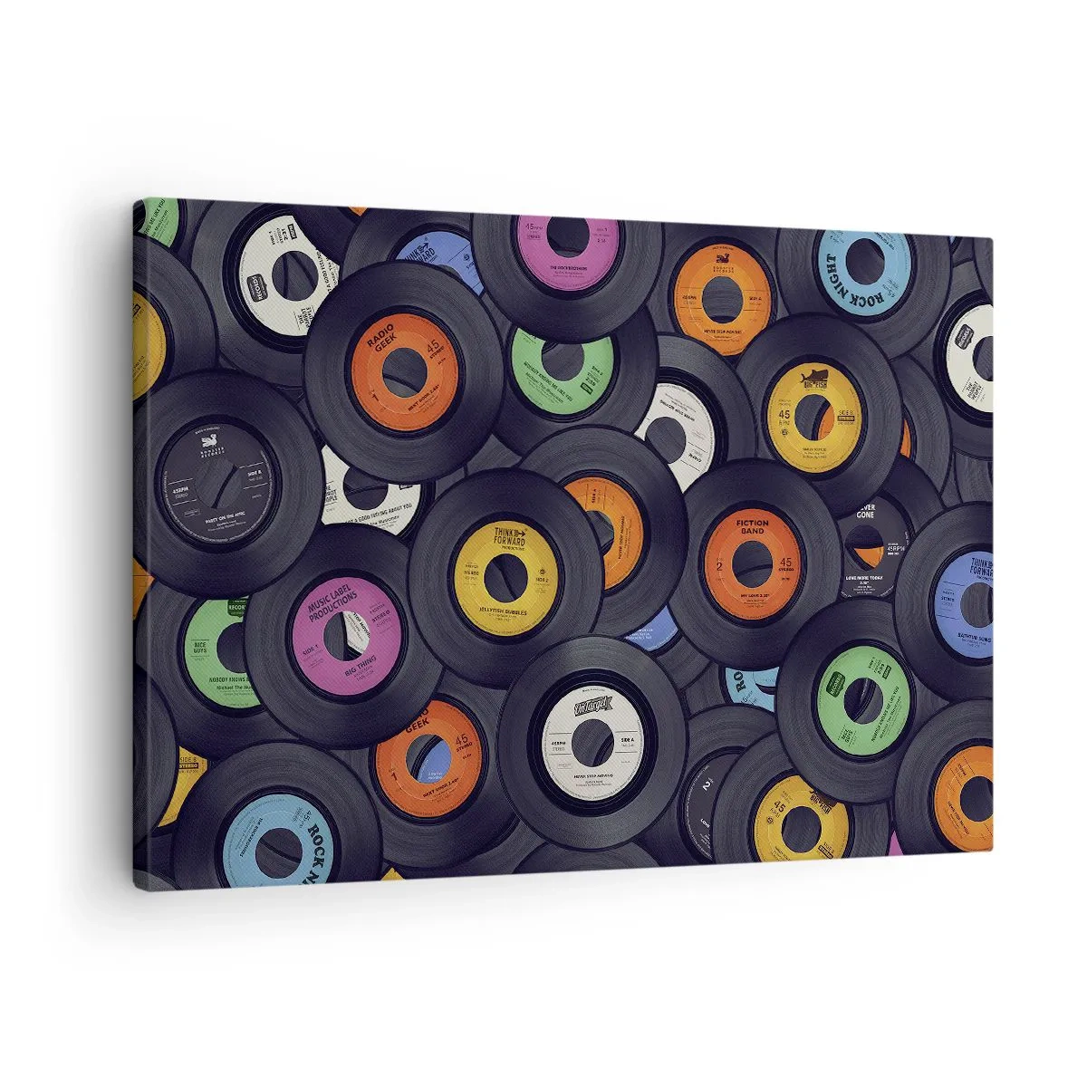 Lærredstryk - Billede på lærred - Farverige vinylplader stablet oven på hinanden - 70x50cm - Farver fra klassikerne - Moderne vægdekoration til stue og soveværelse ARTTOR