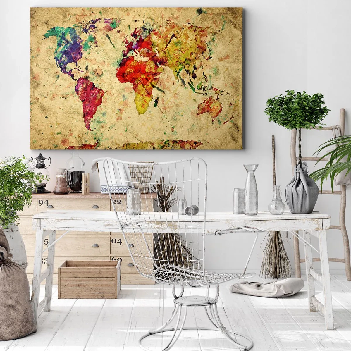Lærredstryk - Billede på lærred - En farverig, kunstnerisk fortolkning af verdenskortet - 70x50cm - Livet som et farverigt papirkort - Moderne vægdekoration til stue og soveværelse ARTTOR