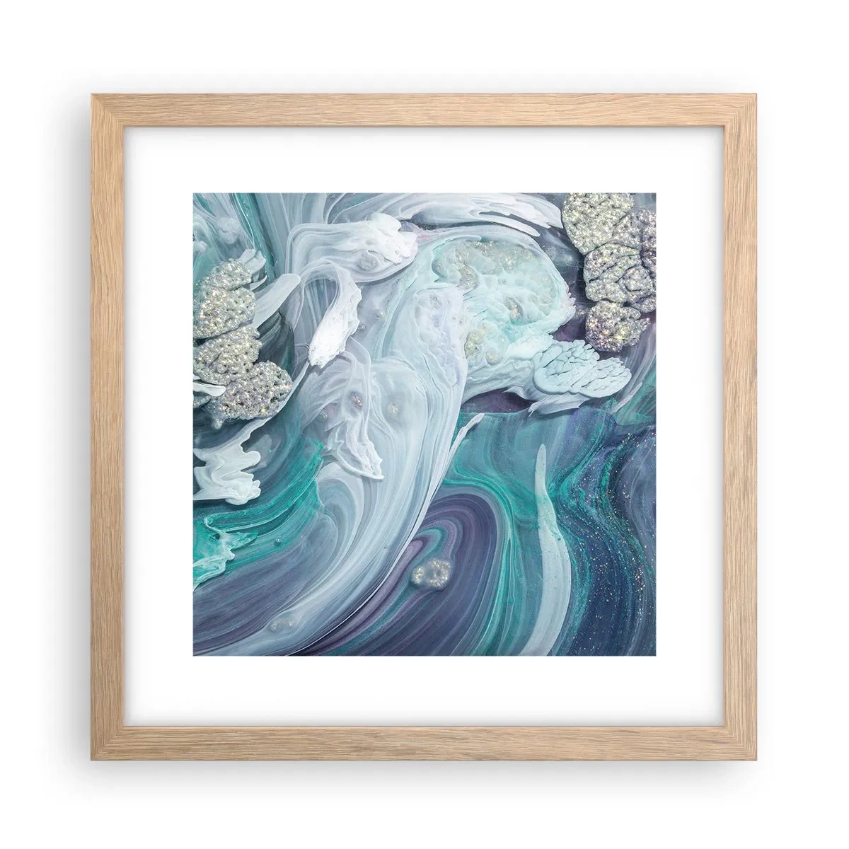 Plakat i ramme af lyst egetræ - Strømme af blå - 30x30 cm