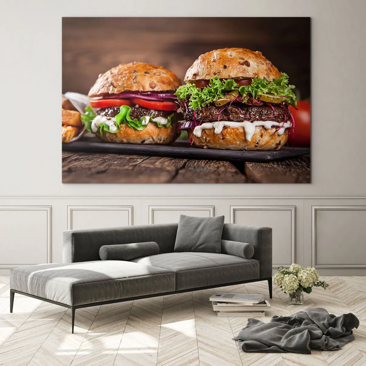 Billede på glas - Lækre burgere med grøntsager og sauce - 70x50cm - American dream - Moderne vægdekoration til stue og soveværelse ARTTOR