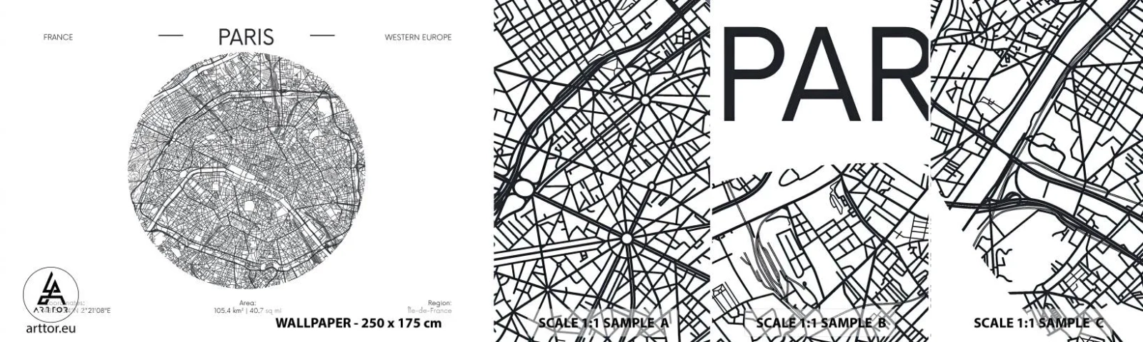 Fototapet Prøve Standard Eco - Paris' anatomi - Kort, Paris, Frankrig - 100x30 cm