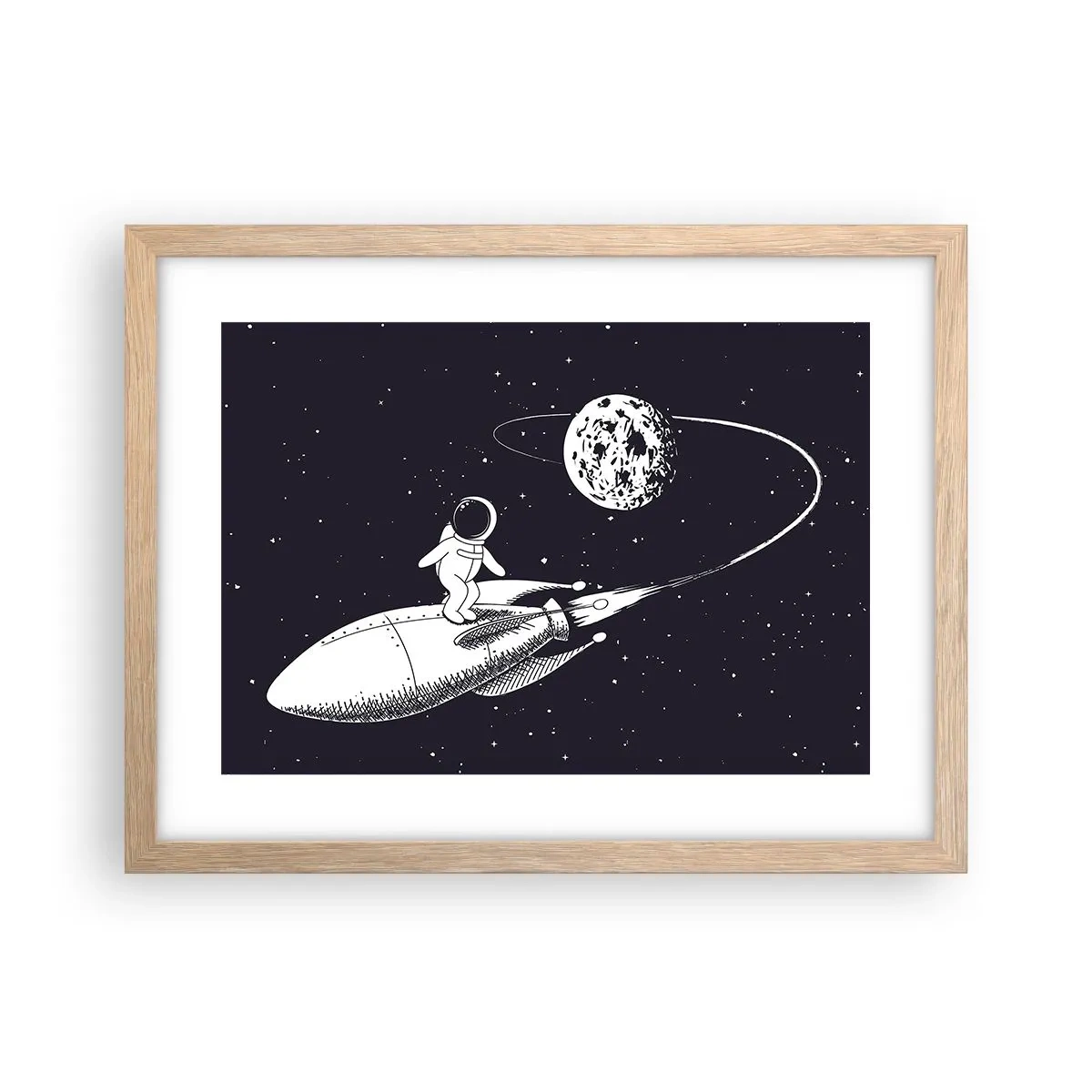 Plakat i ramme af lyst egetræ - Space surfer - 40x30 cm