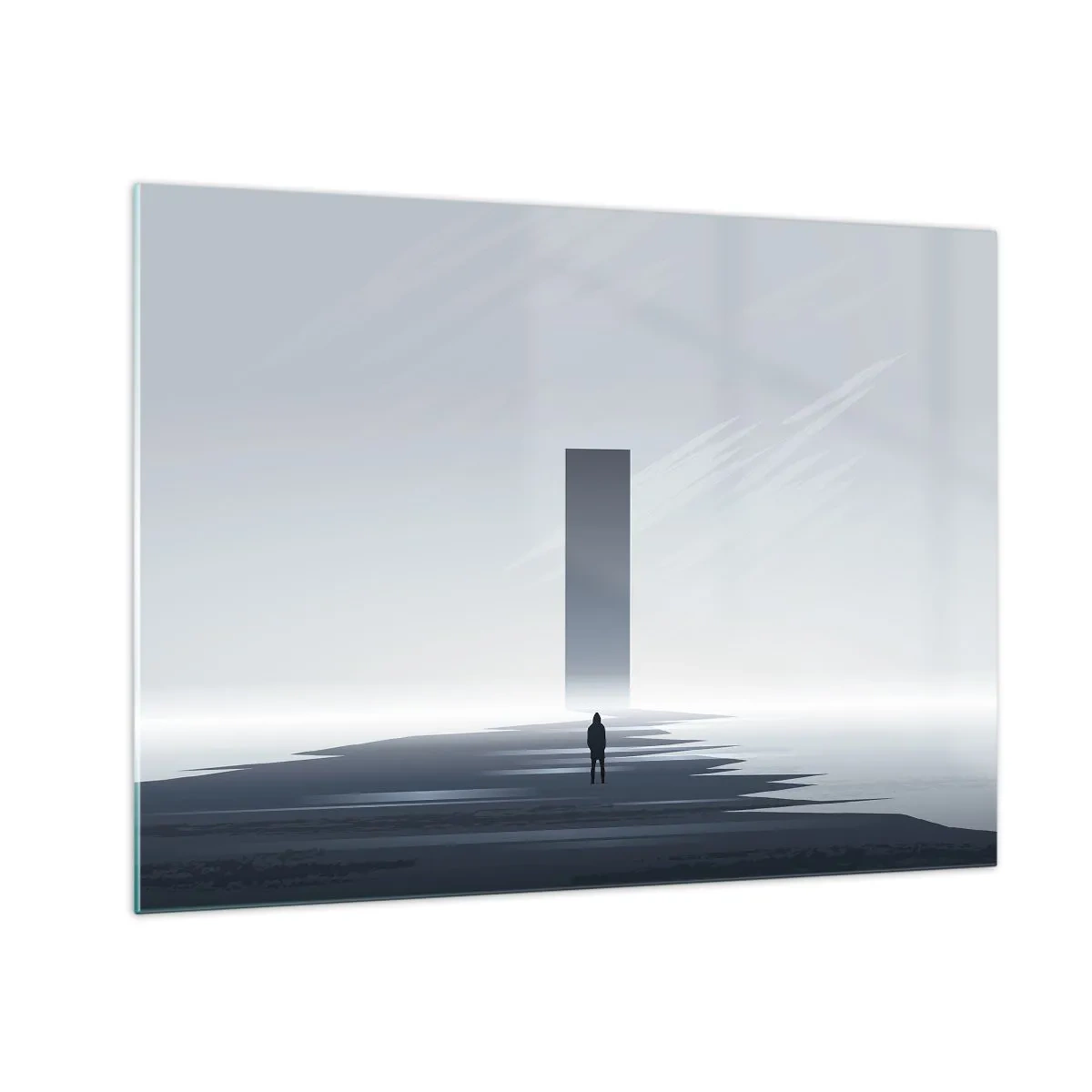 Billede på glas - Et minimalistisk landskab med en figur og en monolit i det fjerne. - 70x50cm - Mulighed eller trussel? - Moderne vægdekoration til stue og soveværelse ARTTOR