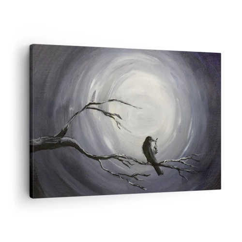 Lærredstryk - Billede på lærred - Sort fugl på en gren i måneskinnet - 70x50cm - Nøglen til nattens mysterium - Moderne vægdekoration til stue og soveværelse ARTTOR