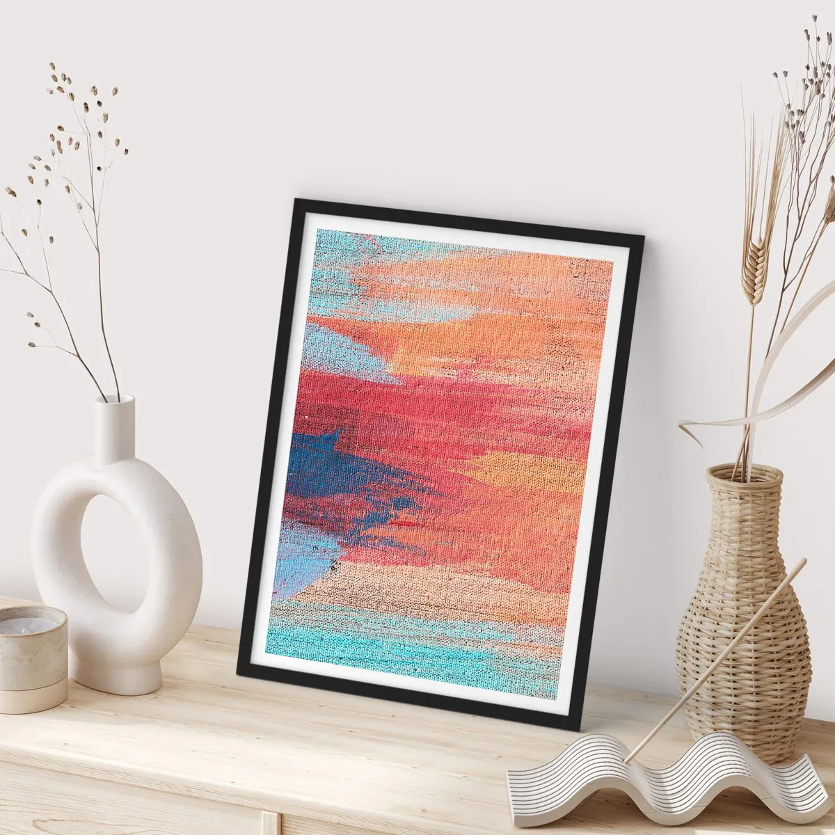 Plakat i sort ramme - Abstrakte malestrøg i varme og kolde toner - 50x70cm - Lad en regnbue flyde - Moderne vægdekoration til stue og soveværelse ARTTOR